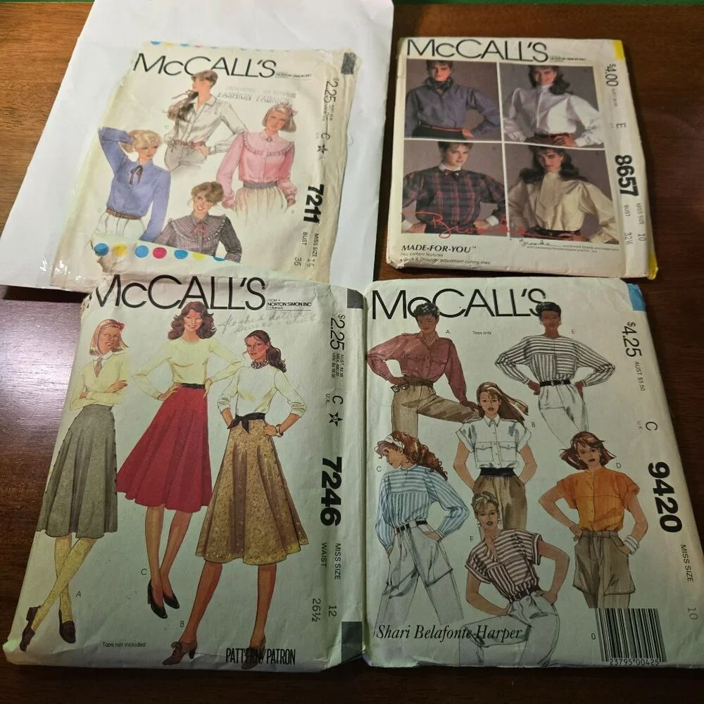 Womens McCalls sewing patterns blouses, shoulder pads vintage 80s unverified